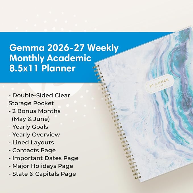Blue Sky 2026-2027 Weekly & Monthly Academic Planner, 8.5"x11", Gemma | July 2026 - June 2027, Flexible Cover, Wirebound, Laminated Tabs, Storage Pocket, Academic Year