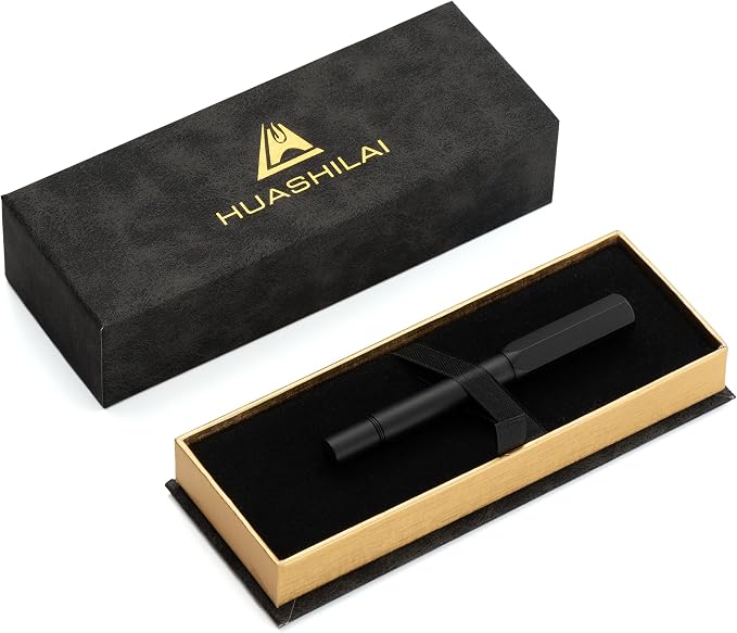 Luxury Solid Brass Fountain Pen Set for Writing & Calligraphy - Choose Antique or Matte Black Finish. Includes 10 Ink Cartridges & Premium Gift Box (Fine Nib, Matte Black)