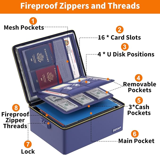 ENGPOW Fireproof Document Box with Lock & Heat-Resistant Fireproof Zipper | 6400°F 12-Layer Fire Protection, Hard File Organizer with Pockets, Portable Home Chest Safe Storage for Money,Jewelry, Blue