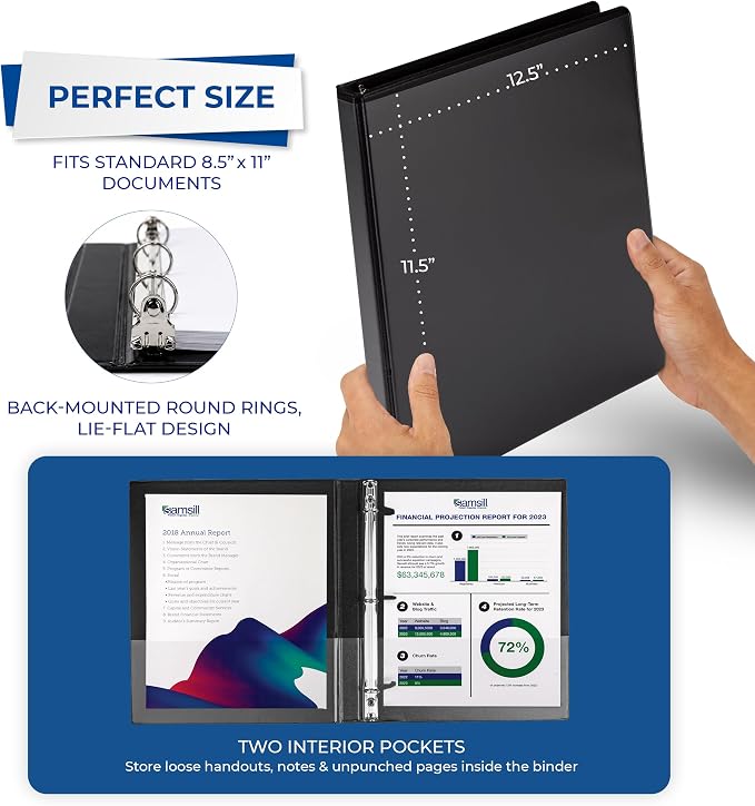 Samsill 0.5 Inch 3 Ring Binder, Economy Round Ring, Clear View Cover, 100 Sheet Capacity - for School, Home, Office - Black