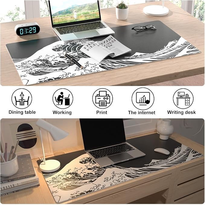 Colorful Star Japanese Sea Waves PU Leather Desk Pad, 31.5" x 15.7" | Waterproof Desk Mat Large Keyboard and Gaming Mouse Pads for Office, Non-Slip Writing Pad Desk Accessories for Women Men