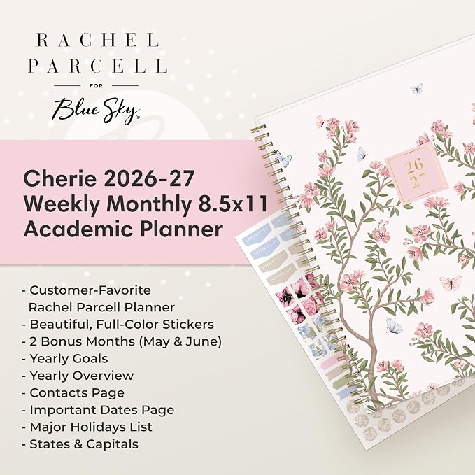Blue Sky 2026-2027 Weekly & Monthly Academic Planner, 8.5"x11", Cherie | July 2026 - June 2027, Flexible Cover, Wirebound, Laminated Tabs, Storage Pocket, Stickers, Academic Year, Rachel Parcell