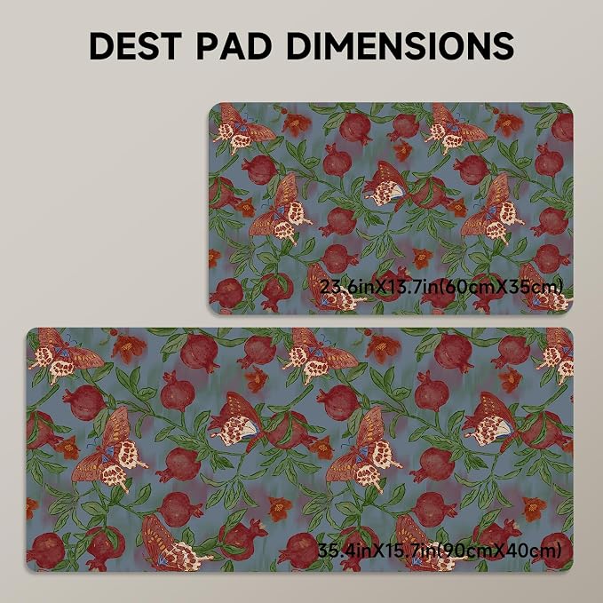 Botanical Floral Desk Pad Blotter,Large Mouse Pad 35 x 17in,PU Leather Desk Mat Writing Pad Protector, Non-Slip Waterprrof,Desktop Decor for Home Office Women Girls (Pomegranate Flower Butterfly)