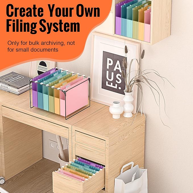 12 Pack Extra Capacity Plastic Hanging File Folders Letter Size | 2" Expanding File Folders with 1/5-Cut Adjustable Tabs, Hanging File Organizer with Clear Tabs for File Cabinet & Drawer