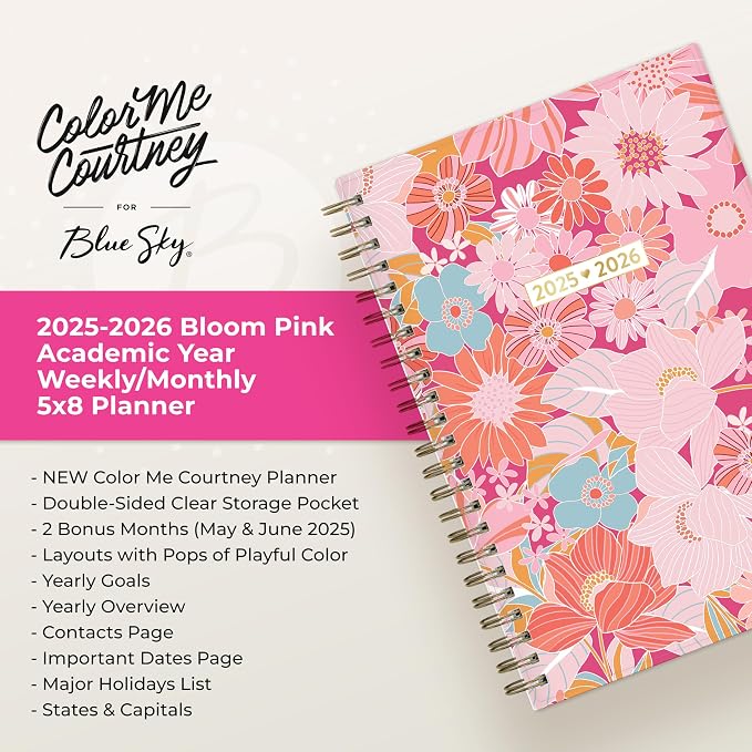 Blue Sky 2025-2026 Weekly & Monthly Academic Planner, 5"x8", Bloom Pink | July 2025 - June 2026, Flexible Cover, Wirebound, Laminated Tabs, Storage Pocket, Academic Year, Color Me Courtney