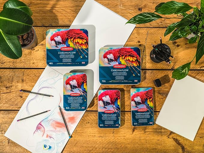 Derwent Chromaflow Colored Pencils Tin, Set of 12, Great for Holiday Gifts, 4mm Wide Core, Multicolor, Smooth Texture, Art Supplies for Drawing, Blending, Sketching, Professional Quality (2305856)
