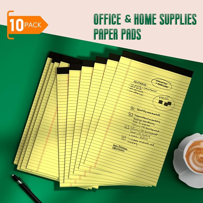 Legal Pads 8.5 x 14 Note Pads, 10 Pack Writing Pads Wide Ruled Notepads, Micro Perforated Notepad, Double-Side Printed Lined Paper Pads 30 Sheets per Notepad, Yellow Legal Pads for Home, Office, School