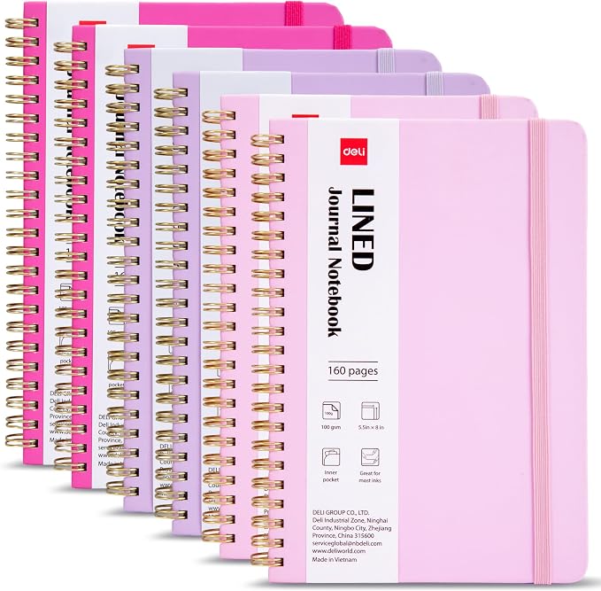 deli 6 Pack Lined Spiral Journal Notebook, 160 Pages, A5 (5.5"x8") Hardcover Writing Notebook, College Ruled Spiral Bound Journal for Women & Men - Perfect for Work, School, Office & Note Taking