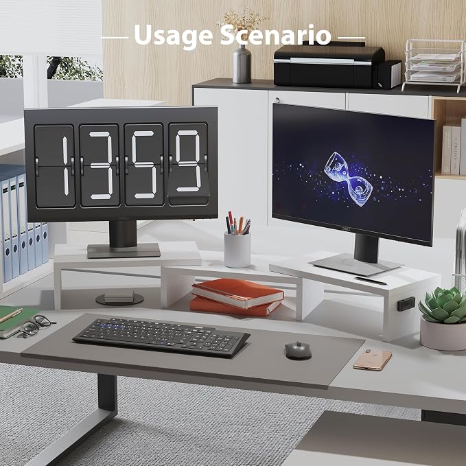 BONTEC Dual Monitor Stand Riser with Smartphone Holder, Adjustable Length & Swivel Angle, Ergonomic Wooden Desktop Organizer for PC Monitor, Laptop, Printer, Large Storage, 42.5 in, White