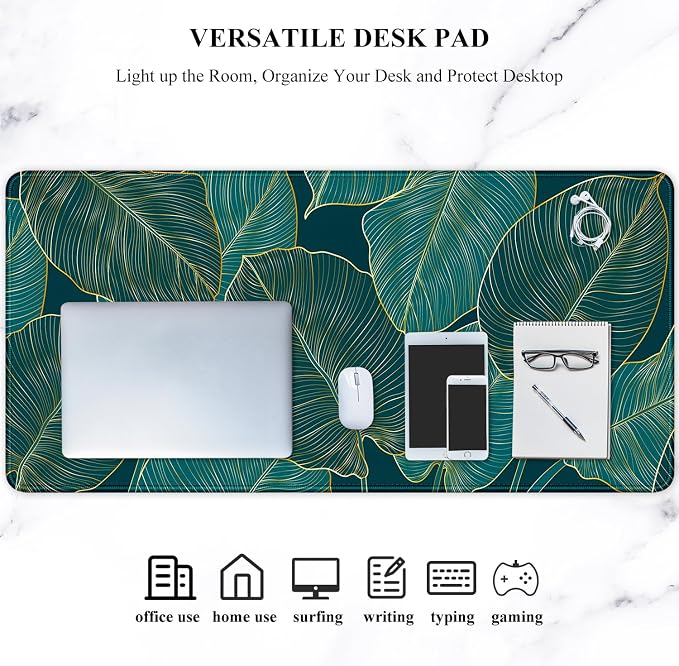 Auhoahsil Desk Mat, Ultra Large Mouse Pad, XXL Gaming Mousepad, Green Tropical Leaves Deskpad, Big Extended Full Size Mouse Pad, Desktop Desk Matt for Keyboard, Laptop & Computer, 35.5 x 15.7 in