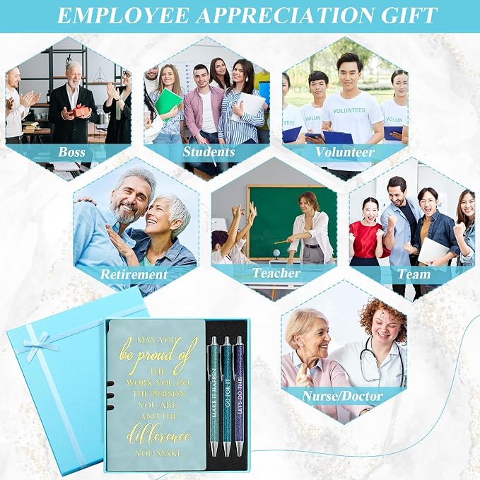 Resurhang 5 Pcs Employee Appreciation Gift Leather Journal Notebook 3 Ballpoint Pens with Box Back to School Thank You Gift for Nurse Volunteer Teacher Secretary Coworker Women(Blue)