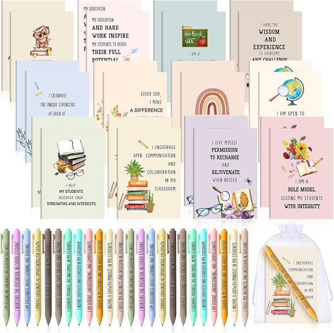 Mooliwe 48 Pcs Positive Affirmation Gift Set Gratitude Notebooks with Pens Small Bags Motivational Encouragement Notepads Daily Affirmations Journal for Women Stress Relief Self Care (Teacher)