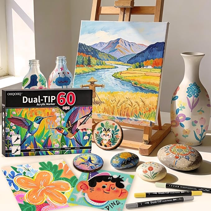60 Colors Acrylic Paint Markers Set, Dual Tip Paint Pens with Fine & Dot Tip for Stone, Wood, Calligraphy, Canvas, Ceramic, Metal, Glass and Rock Painting