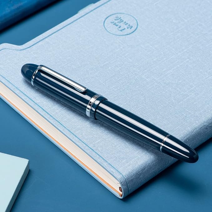 Jinhao X159 Dark Blue Acrylic Fountain Pen, Size 8 Medium Nib Silver Trim Classic Design Smooth Writing Pen with Converter