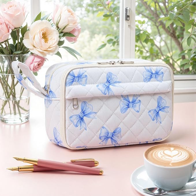 WOBAGMEN Quilted Pencil Pouch for Women, Large Capacity Pencil Case with Compartments, Cute Aesthetic Pencil Organizer, Floral Stationery Pouch(Blue Bow)