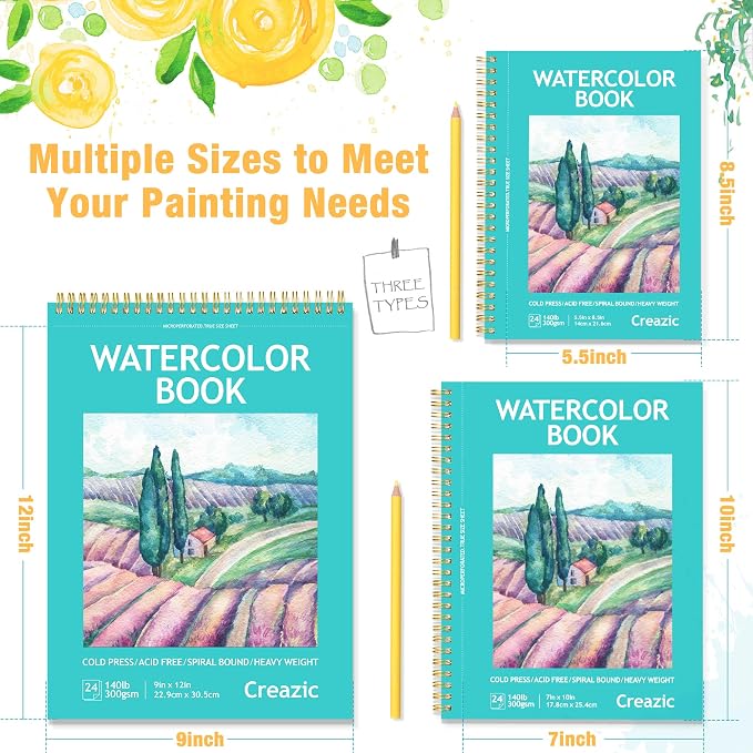3-Pack Watercolor Paper Pad, 5.5" x8.5” (140lb/300g), Spiral Bound with Tear Line. A Watercolor Journal and Sketchbook for Adults & Kids - Ideal for Smaller Sized Exercises or Travel