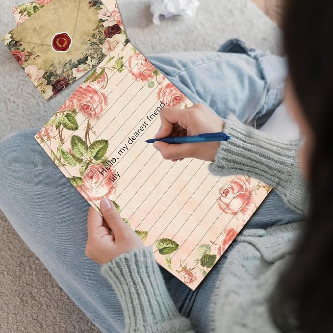 FUNCLASS 160 Pcs Vintage Floral Stationery Set Letter and Envelopes | 50 Lined Stationery Paper and 50 Matching Envelopes , 5.5 x 8.25 Inches Letter Writing Stationery for Home, Office, School