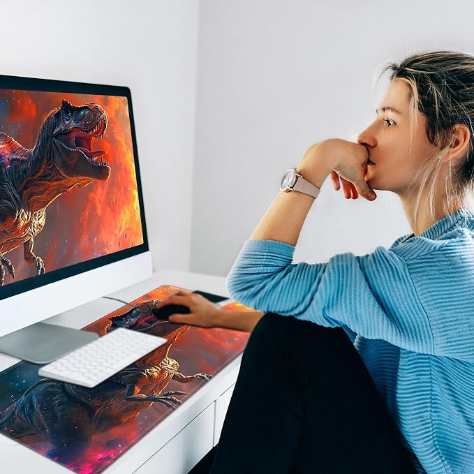 Heated Desk Pad Mouse Pad,Heated Desk Mat,with 3 Heating Levels & 3 Hours Auto Shut-Off,Leather 23.6"*14.2" Gaming Mouse Laptop Mat,Foot Warmer,Dinosaur Glitter Sunset