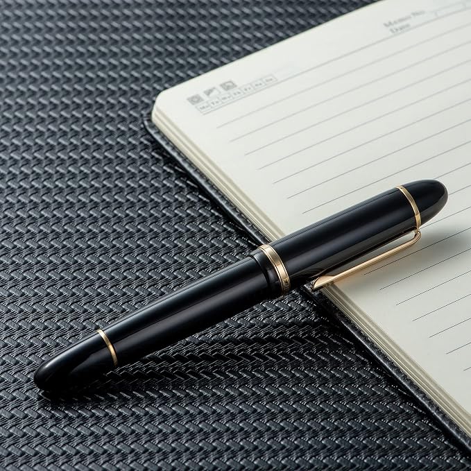 Jinhao X159 Black Acrylic Fountain Pen, Size 8 Medium Nib Gold Trim Classic Design Smooth Writing Pen with Converter