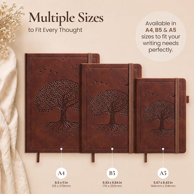Lined Journal Notebook Hardcover Leather Bound 200 Pages B5 Brown Diary | College Ruled 6.9x9.8" Journaling Notebooks for Men & Women, Writing for Personal, Large Travel Daily Note Book Tree of Life