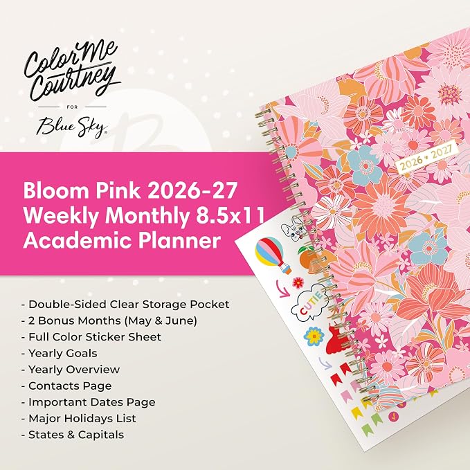 Blue Sky 2026-2027 Weekly & Monthly Academic Planner, 8.5"x11", Bloom Pink | July 2026 - June 2027, Flexible Cover, Wirebound, Laminated Tabs, Storage Pocket, Stickers, Academic Year, Color Me Courtney