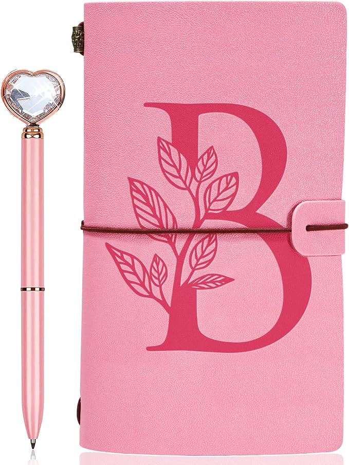 Personalized Journal Gift-Pink Initial Leather Journal+Heart Diamond Pen Set,Travel Notebook Diary Gifts,Refillable Notepads,Christmas,Birthday Gifts for Women Girls (7.9"x4.7") (B)