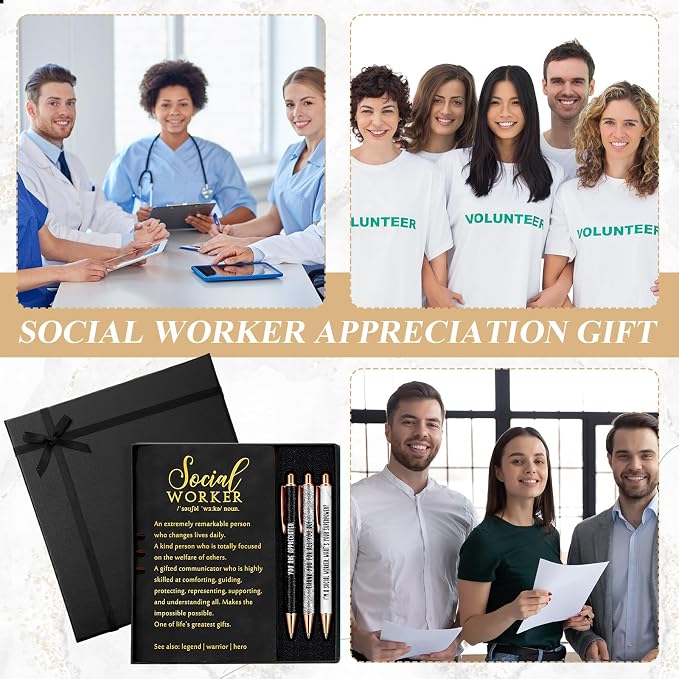 Resurhang 5 Pcs School Social Worker Must Haves Office Supplies Gift Leather Journal Notebook 3 Ballpoint Pens with Box Thank You Social Work Appreciation Gift for BSW MSW DSW(Black)