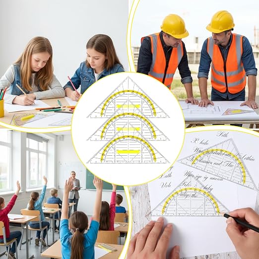 Multifunctional Triangle Ruler with Handle, 4 PCS Transparent Set Square with Protractor Plastic Triangle Ruler Set Drafting Triangles for Designers Architectors Engineers Geometry Drawing Tools