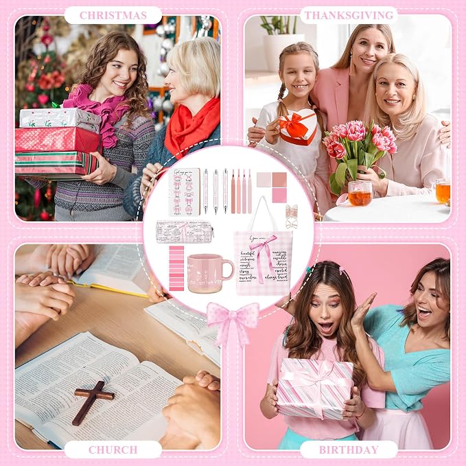 Reallnaive 25 Pcs Bible Journaling Supplies for Women, Bible Study Kit with Notebook Mug Tote Bag Pouch Pens Highlighter Sticky Notes Pink Christian Gift for Teen Girl, Teacher, Back to School