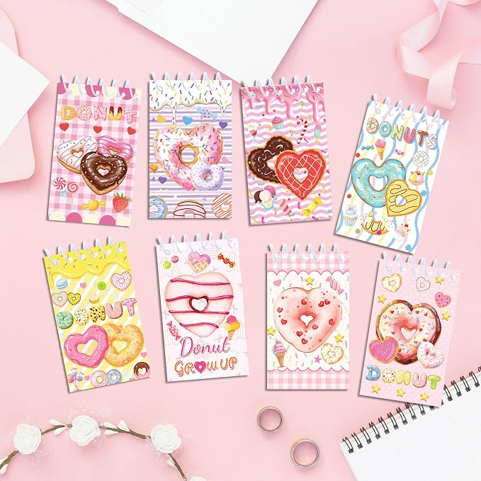 Doughnut Mini Pocket Notebooks 24 Pcs, 2.36 x 3.94 Inch Cute Small Notebooks 16 Sheets 32 Pages, Donut Coil Memo Pads Bulk for Daily Planning, Shopping Lists, Office School Supplies, Sweet Party Favors