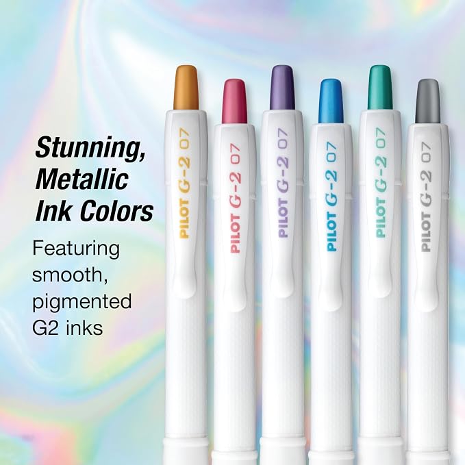 Pilot G2 Edge White, Assorted Metallic Inks, Premium Gel Roller Pens, Sensory Writing Experience, 6ct box, Fine Point 0.7 mm