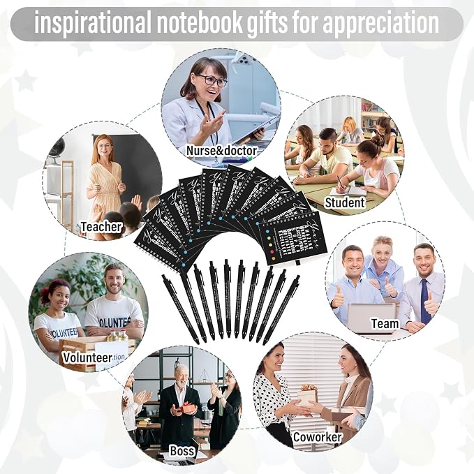 Jetec 20 Pcs/10 Sets Back to School Teacher Gifts Motivational Spiral Notebook with Sticky Notes Pen Bulk Inspirational Journals Thank You Gift for Employee Coworker Birthday Party (Black)