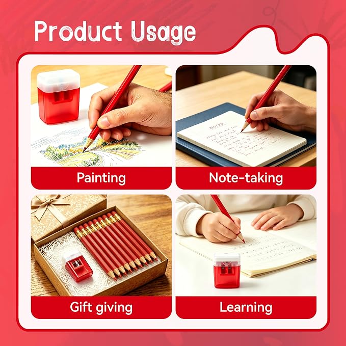 12 Pcs Red Pencils with Eraser for Kids HB Erasable Pencils Pre-Sharpened Professional Wooden Pencils Set, Ideal for School Writing, Drawing, Sketching, Coloring and Creative Projects(Red)