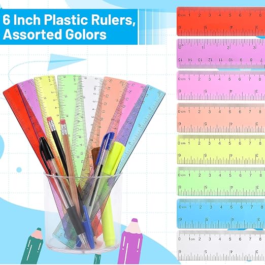 8Pack 15cm Colorful Transparent Plastic Rulers, 6" Ruler with Centimeters, Millimeter and Inches, Assorted Colors Clear Rulers Bulk for Classroom
