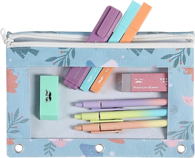 Mr. Pen- Pencil Pouch for 3 Ring Binder, 2 Pack, 10"x6.75", Smooth Zipper | Clear Window, Large Capacity Pencil Case with 3 Reinforced Grommets for School, Office, Supplies Storage | Clear Window, Large Capacity Pencil Case with 3 Reinforced Grommets f...