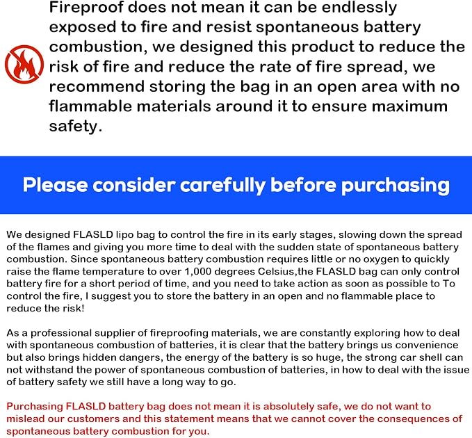 FLASLD 2-Pack E-Bike Battery Bag Fireproof Safe Charging Bag Explosionproof Lipo Battery Bag Large Capatity for Storage Charging (16 x 4.3 x 5in)