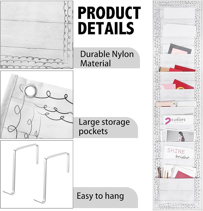 MotiMind Retro Style10 Pockets Wall Hanging File Folders File Storage Pocket Chart for Classroom Hanging Wall Organizer with 2 over The Door Hangers, 58" x 14" for School Classroom Office Home
