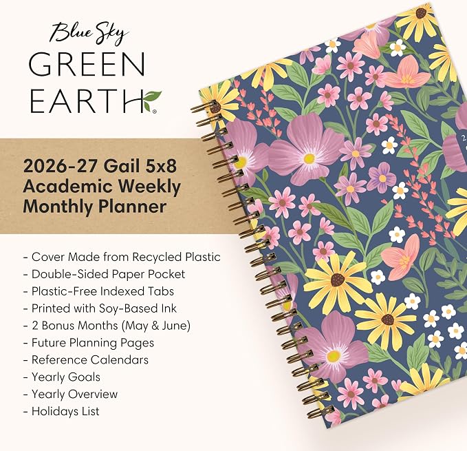 Blue Sky 2026-2027 Weekly & Monthly Academic Planner Calendar, 5"x8", Gail | July 2026 - June 2027, Flexible Cover From Recycled Plastic, Wirebound, Laminated Tabs, Storage Pocket, Academic Year
