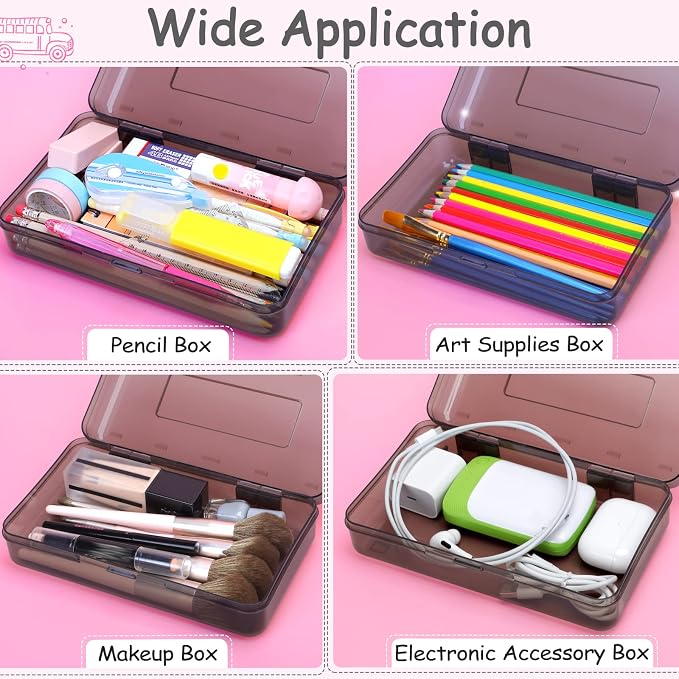 Sooez 1 Pack Clear Pencil Box, Plastic Hard Pencil Case with Stickers, Large Crayon Box with Snap-tight Lid, Stackable Storage Art Craft Marker Organizer Boxes for Kids Boys Back to School, Gray