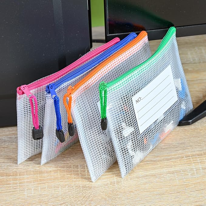 Plastic Mesh Zipper Pouch, 12Pcs Zipper File Bags with Label Pocket, Game Boards Storage Bags, Waterproof Document Storage Bags for Office Home Travel Cosmetic (A6 Size 6.3x4.7 in)