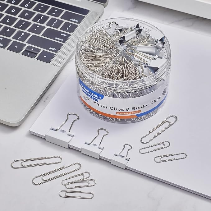 FUDAO FAMILY Paper Clips & Binder Clips, 340 PCS Assorted Sizes, Silver & White, Metal, Medium, Large, Small