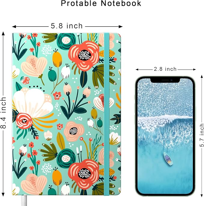 Lined Journal Notebook, Hardcover Journal for Women, Medium 5.7 x 8.4 in, 160 Pages Thick Paper, Cute Aesthetic Floral A5 Ruled Notebook for Writing Journaling Work School Office, Green Flowers