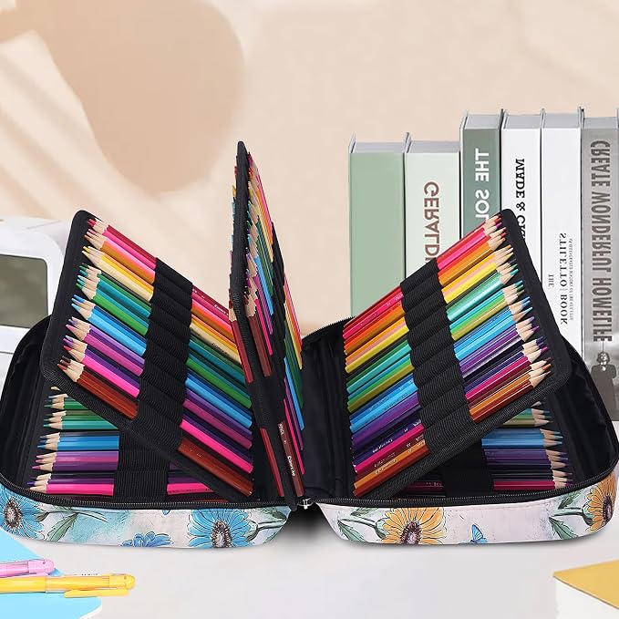 JAKAGO 220 Slots Colored Pencil Case Large Capacity Pen Holder for Artist Painter Zipper Organizer Bag for Marker Highlighter Storage Case for Office Sketch Travel Supplies (Daisy)