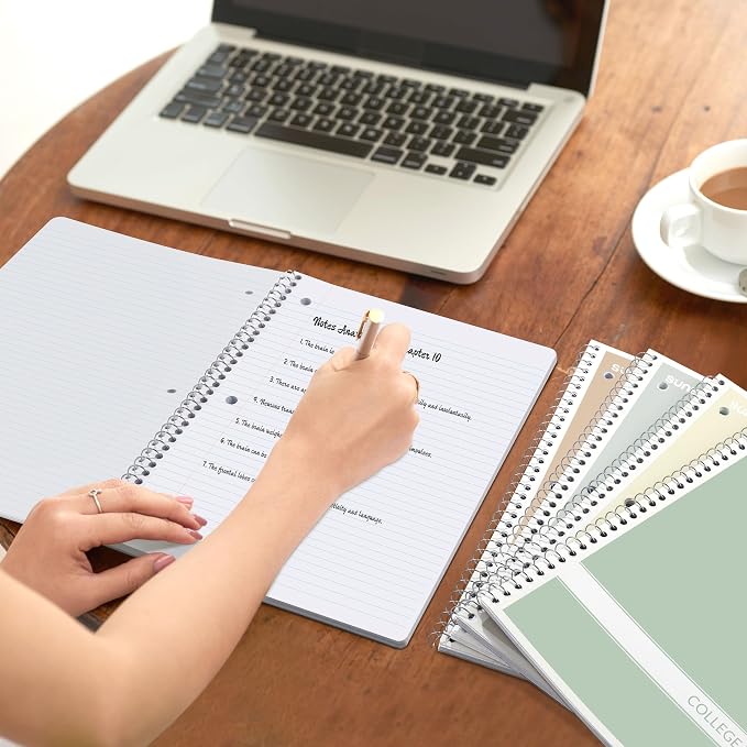 SUNEE Spiral Notebooks College Ruled, 1-Subject, 4 Pack, 8 x 10-1/2 inch, 70 Sheets per Notebook, 3-Hole Punched Paper, Green, Grey, Beige, Red for Work, Home & School, Writing Journal