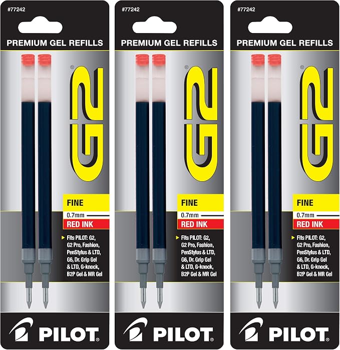 Pilot, G2 Gel Ink Refills, Fine Point 0.7 mm, Red, Pack of 6