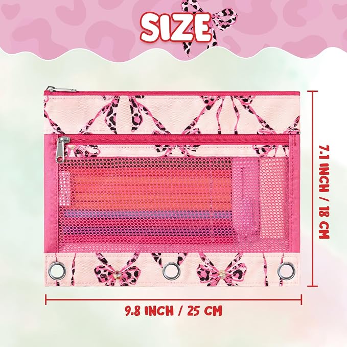 WAWSAM Bow Pencil Pouch for 3 Ring Binder, Zipper Pencil Pouches for Girls | 2 Pocket Clear Window Pencil Case, 3 Ring Pencil Pouch for School Supplies, Pencil Bags for Office College