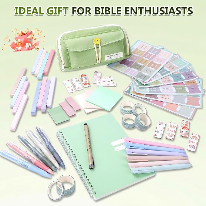 Bible Journaling Kit, Bible Study Supplies for Women | 12 Pastel No Bleed Highlighters, 6 Color Pens, 5 Black Pens, Bible Tabs, Sticky Notes, Pencil Case, Notebook, Christian Gifts