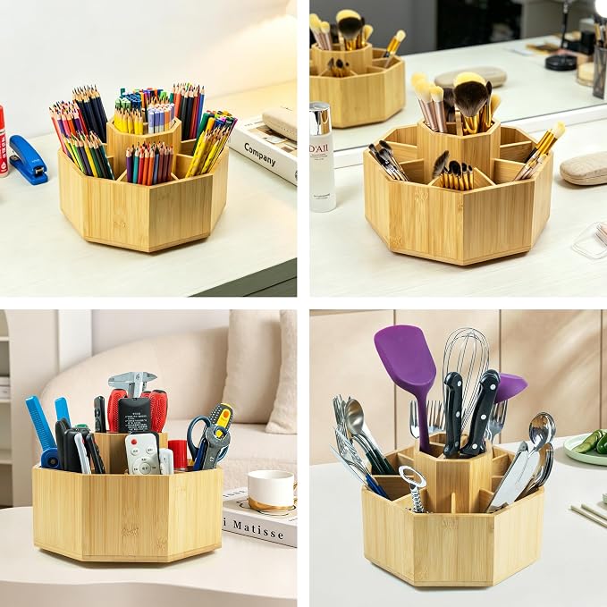 VaeFae 360° Rotating Bamboo Pen Holder Desk Art Supply Organizer | 9-12 Slots, Removable Divider, Octagonal Frame, Polished Surface, Space-Saving for Pens, Markers, Brushes & Beauty Supplies