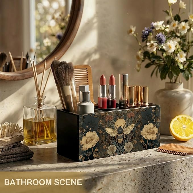 William Morris Inspired Bee Wooden pencil holders & pen holders | Bee Desk Accessories, Art Nouveau Dark Cottagecore Floral Insect Makeup Brush Toothbrush Holder Organizer for Bathroom Vanity
