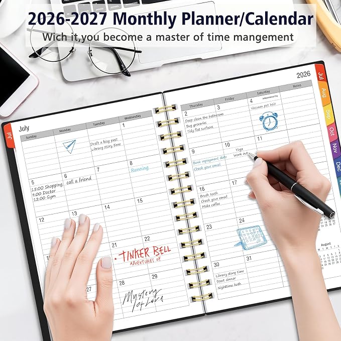 Daily Planner 2026-2027, 18 Month Planner with Tabs, July 2026 - December 2027 Weekly and Monthly Agenda Year Calendar Spiral Time Management, 100GSM Thick Paper, Twin-Wire Binding, A5 Size, Black